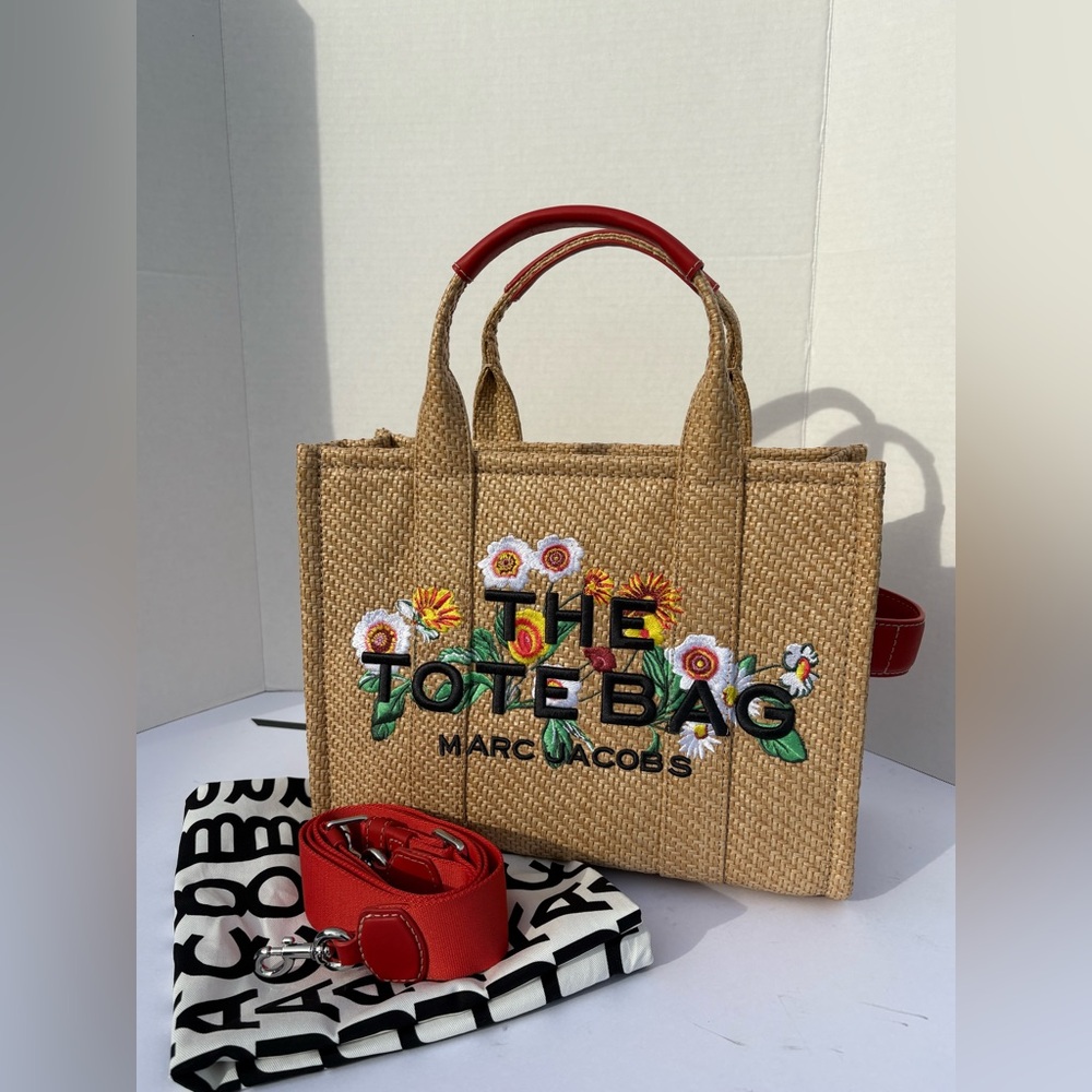 Marc Jacobs Natural Straw Tote Bag with Red Trim and Floral Embroidery